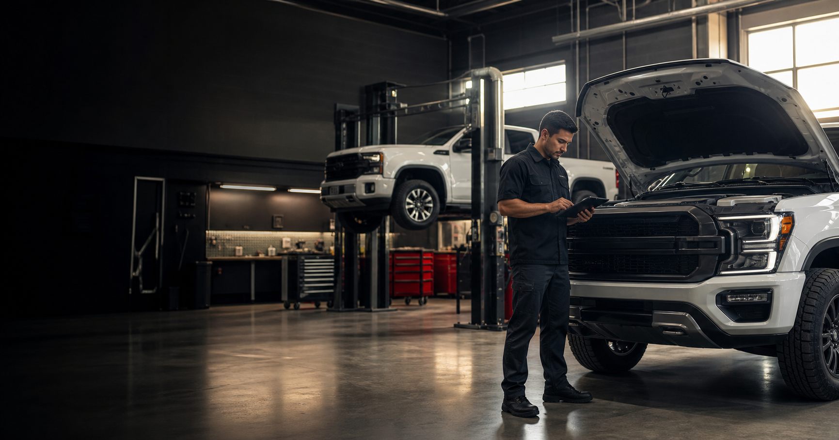 Técnico realizando diagnóstico en camioneta