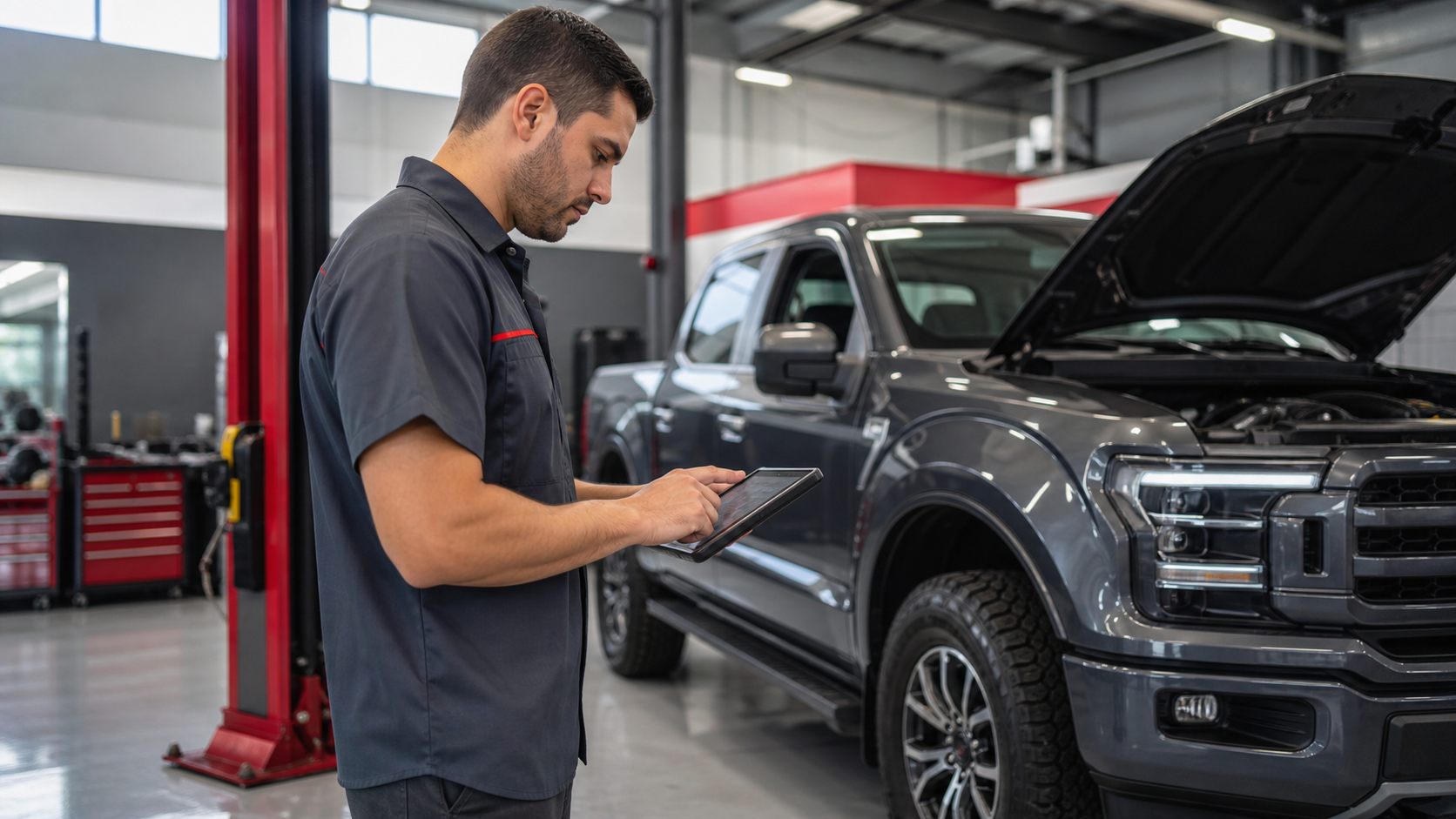 Técnico automotriz revisando diagnóstico con tableta